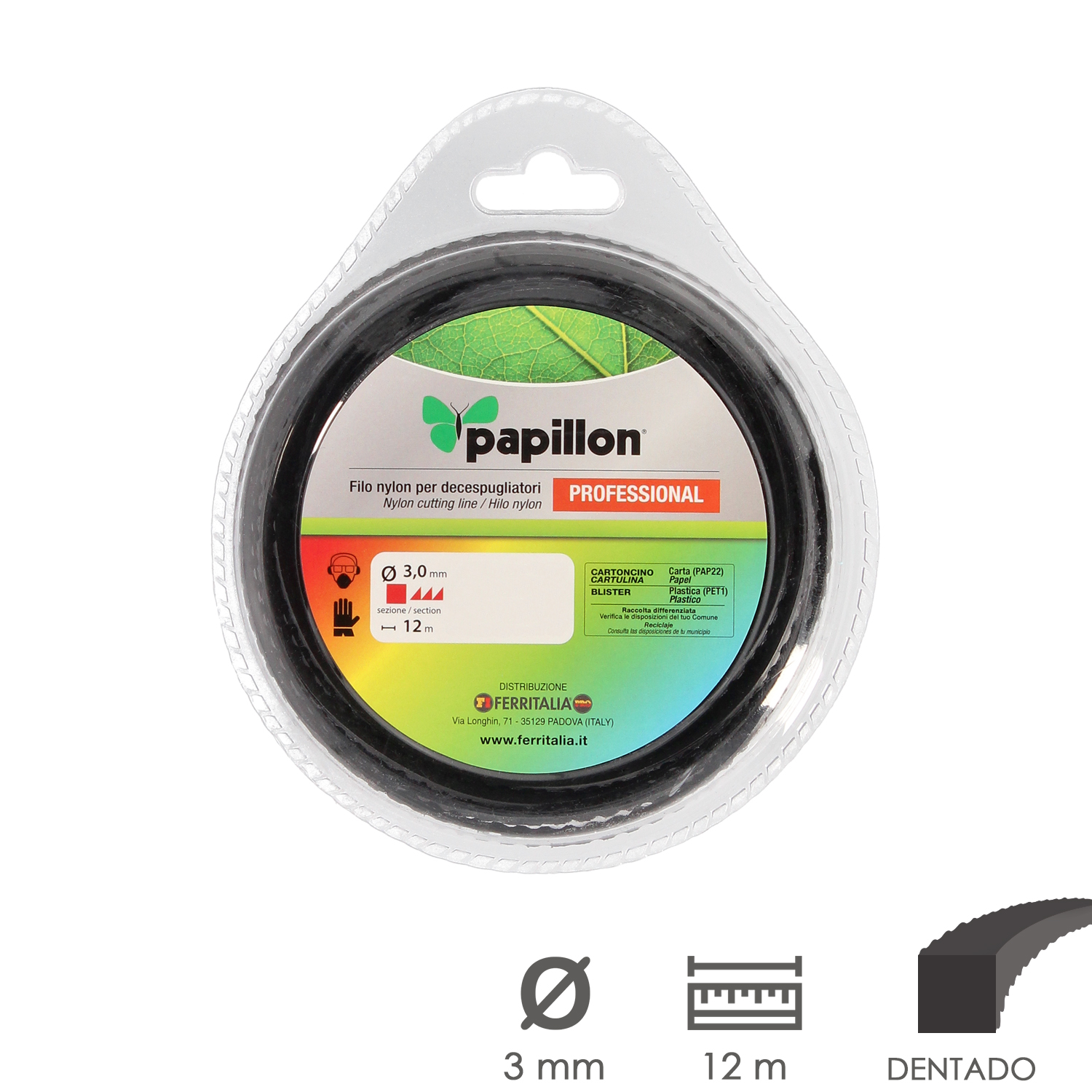 Hilo Nylon Desbrozadoras Cuadrado Dentado Profesional  3,0 mm, Rollo 12 metros, Hilo Nylon Corte Desbrozadores Hierba,