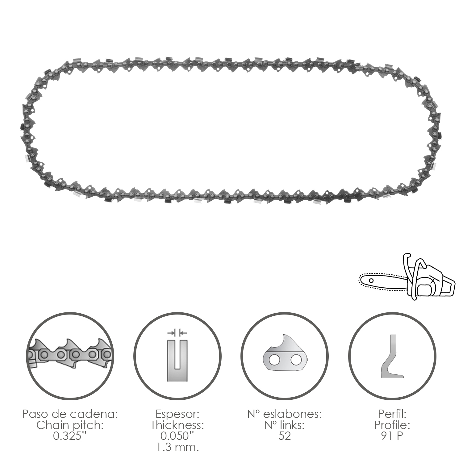 Cadena Motosierra 0,325 / 0,050 1,3 mm, / 66 Eslabones / 91 P
