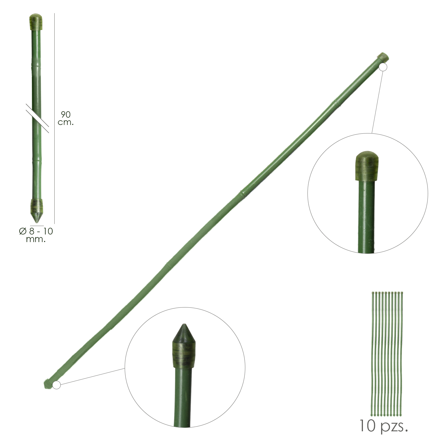 Tutor Varilla Bamb Plastificado   8  - 10 mm, x  90 cm, (Paquete 10 Unidades)