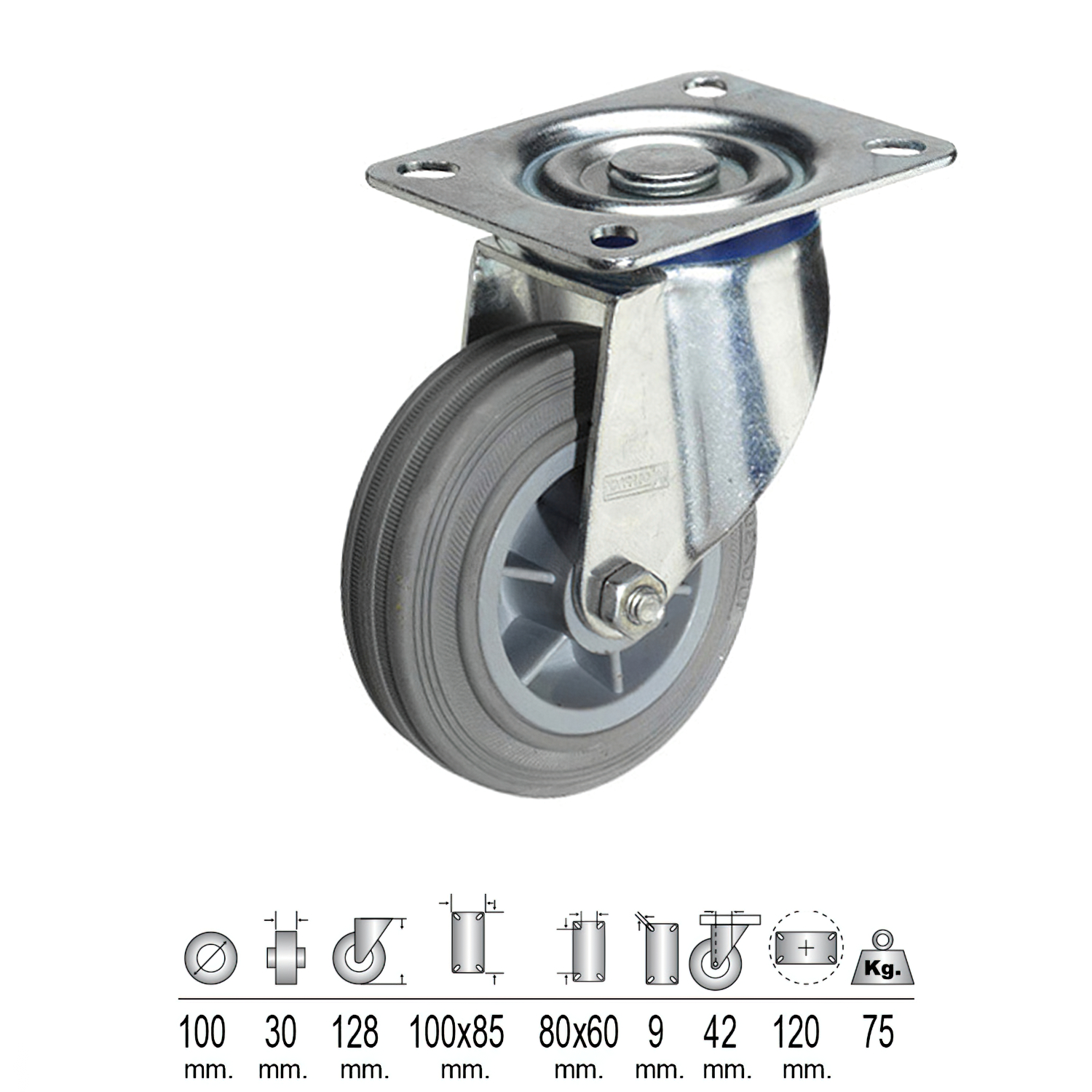 Rueda Industrial Goma Gris Placa 100 mm,