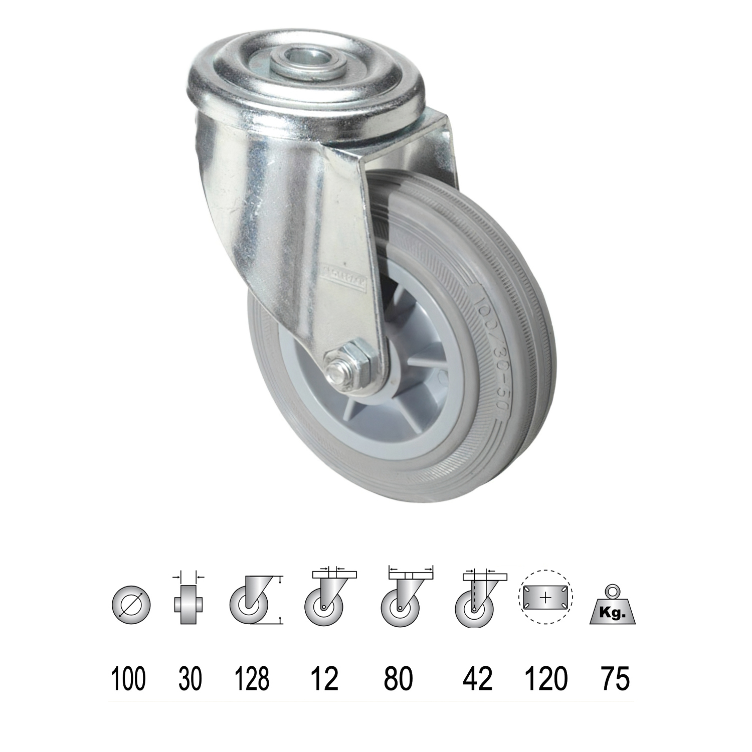 Rueda Industrial Goma Gris Pasante 100 mm,