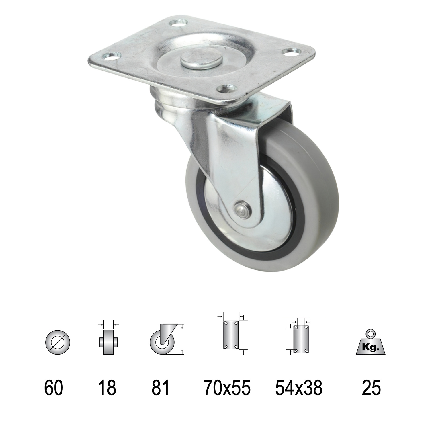 Rueda Industrial Goma Gris Placa   60 mm,