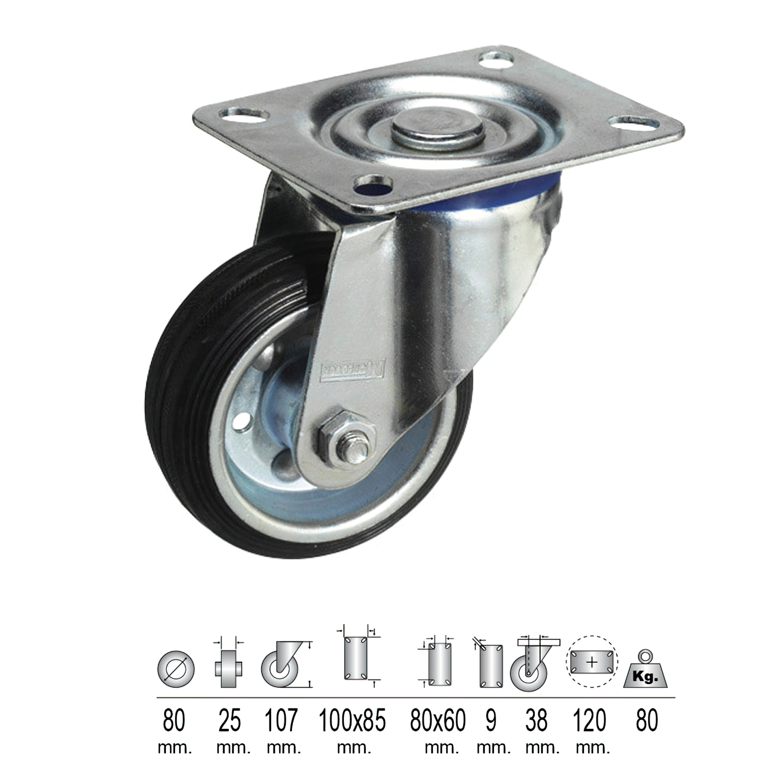 Rueda Industrial Goma Negra Placa   80 mm,