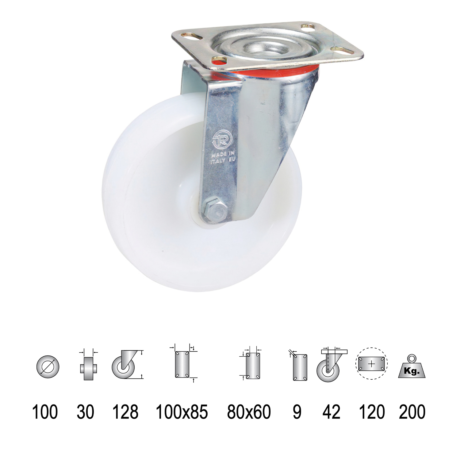 Rueda Industrial Nylon Placa 100 mm,