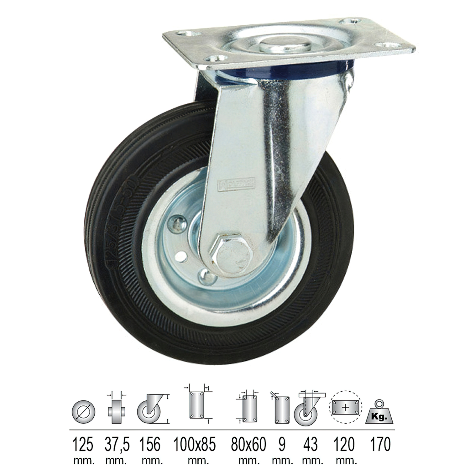 Rueda Industrial Goma Negra Placa  125 mm,