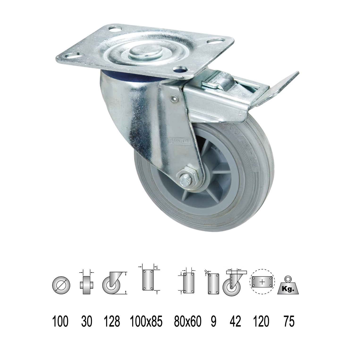 Rueda Industrial Goma Gris Placa con freno 100 mm,