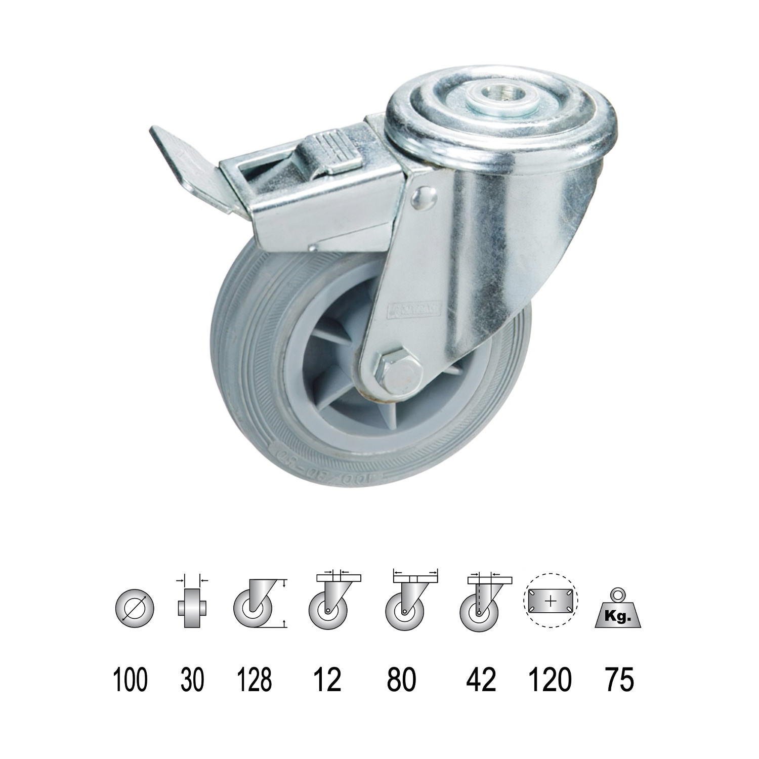 Rueda Industrial Goma Gris Pasante con freno100 mm,