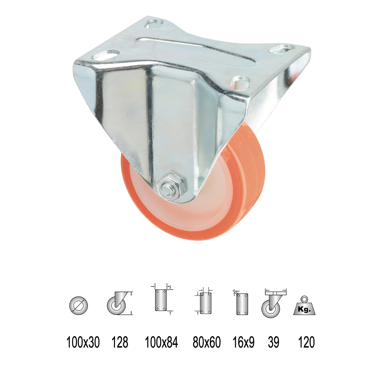 Rueda Industrial Poliuretano Fija 100 mm,