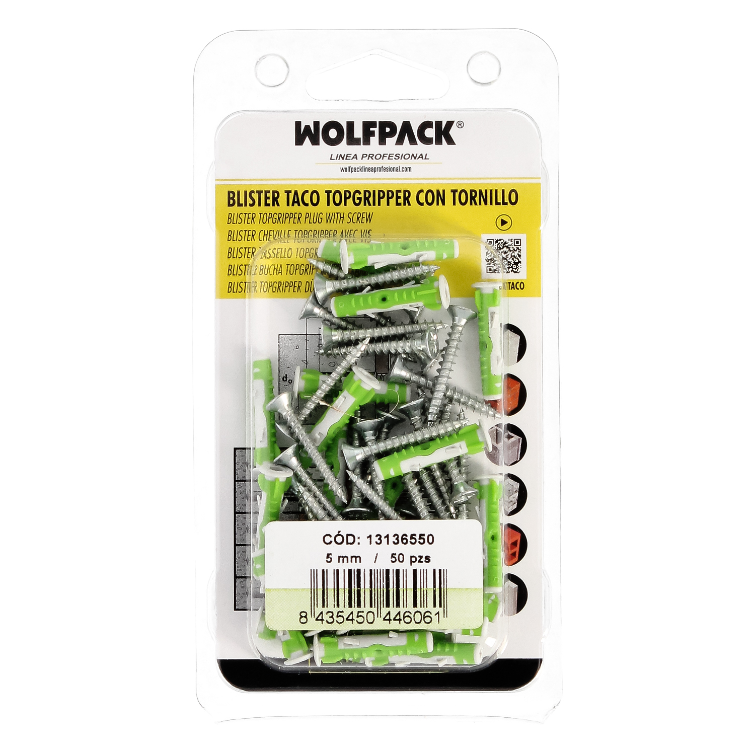 Blister Tacos Topgripper Bimaterial Con Tornillos  5 mm, 50 Piezas Taco Anclaje Universal, Taco Hormigon, Taco Pladur,