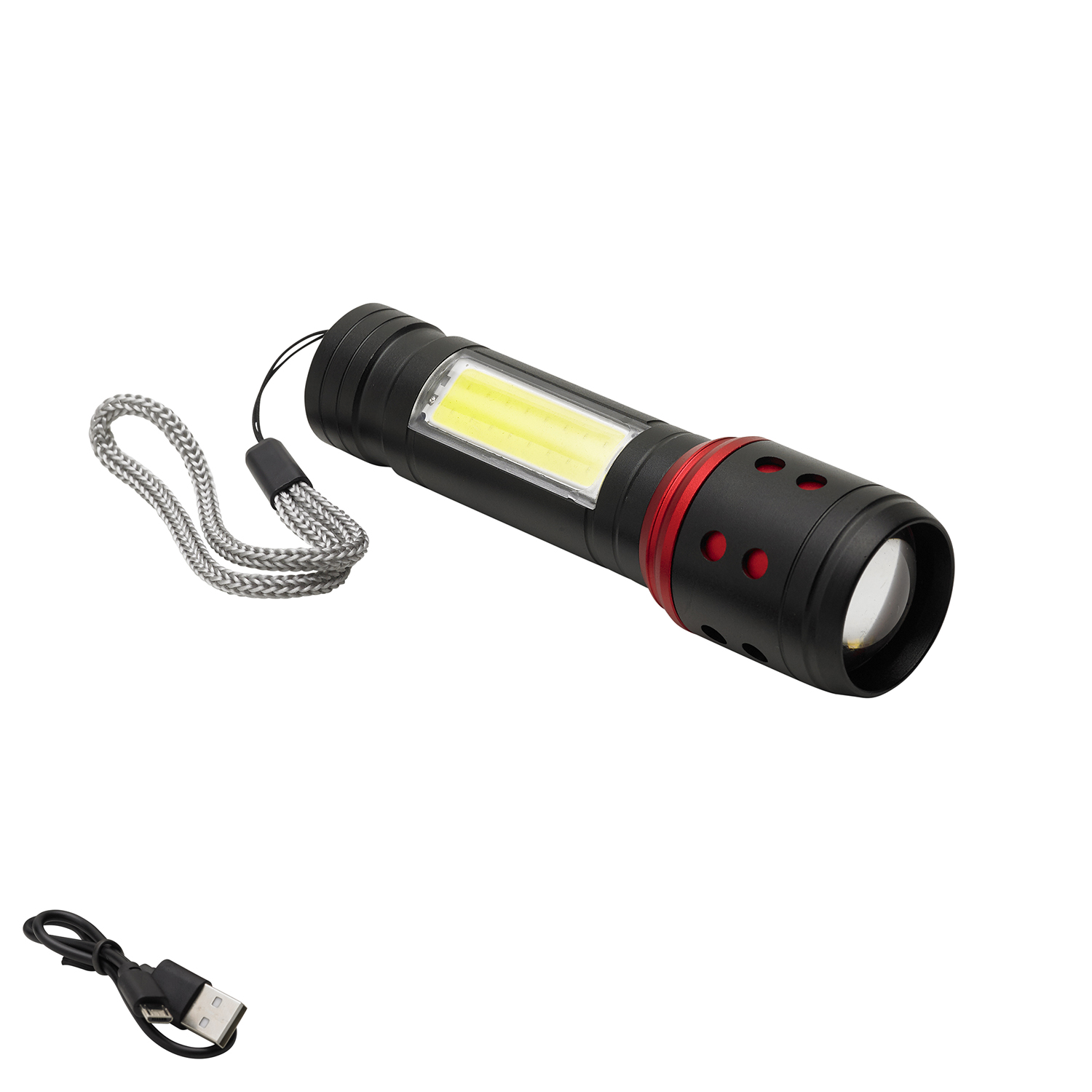 Linterna LED De Mano Metalica Bateria Recargable (1,200 mAh) Luz Frontal / Lateral Hasta 300 Lumenes 5 Watt, Con Funcin Zoom