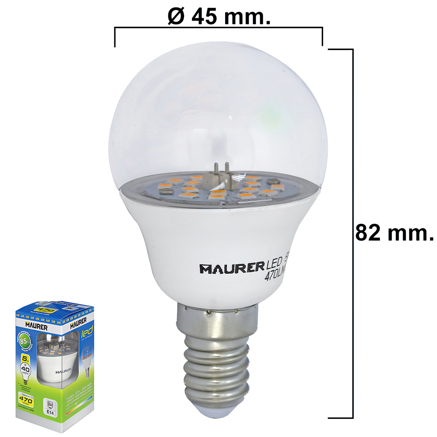 Bombilla Led Esferica Transparente Rosca E14 5 W, 40 W, 470 lmenes, Luz calida, (3000K),