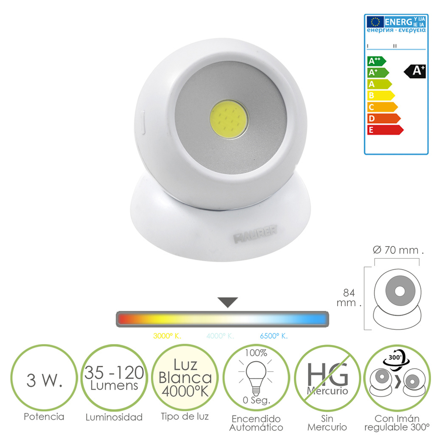 Linterna LED Armario Esfera A Pilas (3 AAA) 120 Lumenes Ajustable 300 Con Iman y Adhesivo,