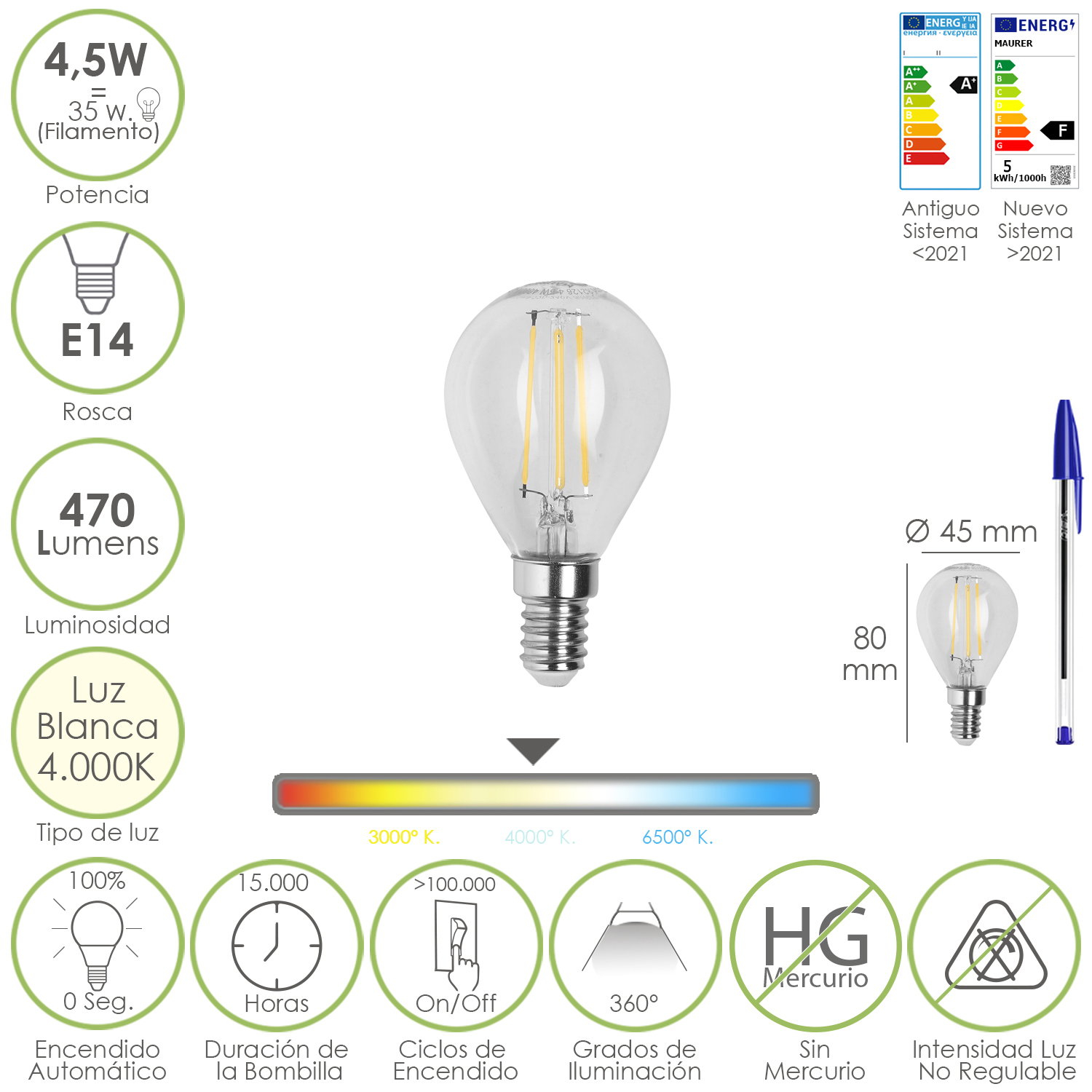 Bombilla Led Filamento Esfera Rosca E14, 4,5 Watt, Equivale A 35 Watt, 470 Lumenes, Luz Neutra 4000 K,