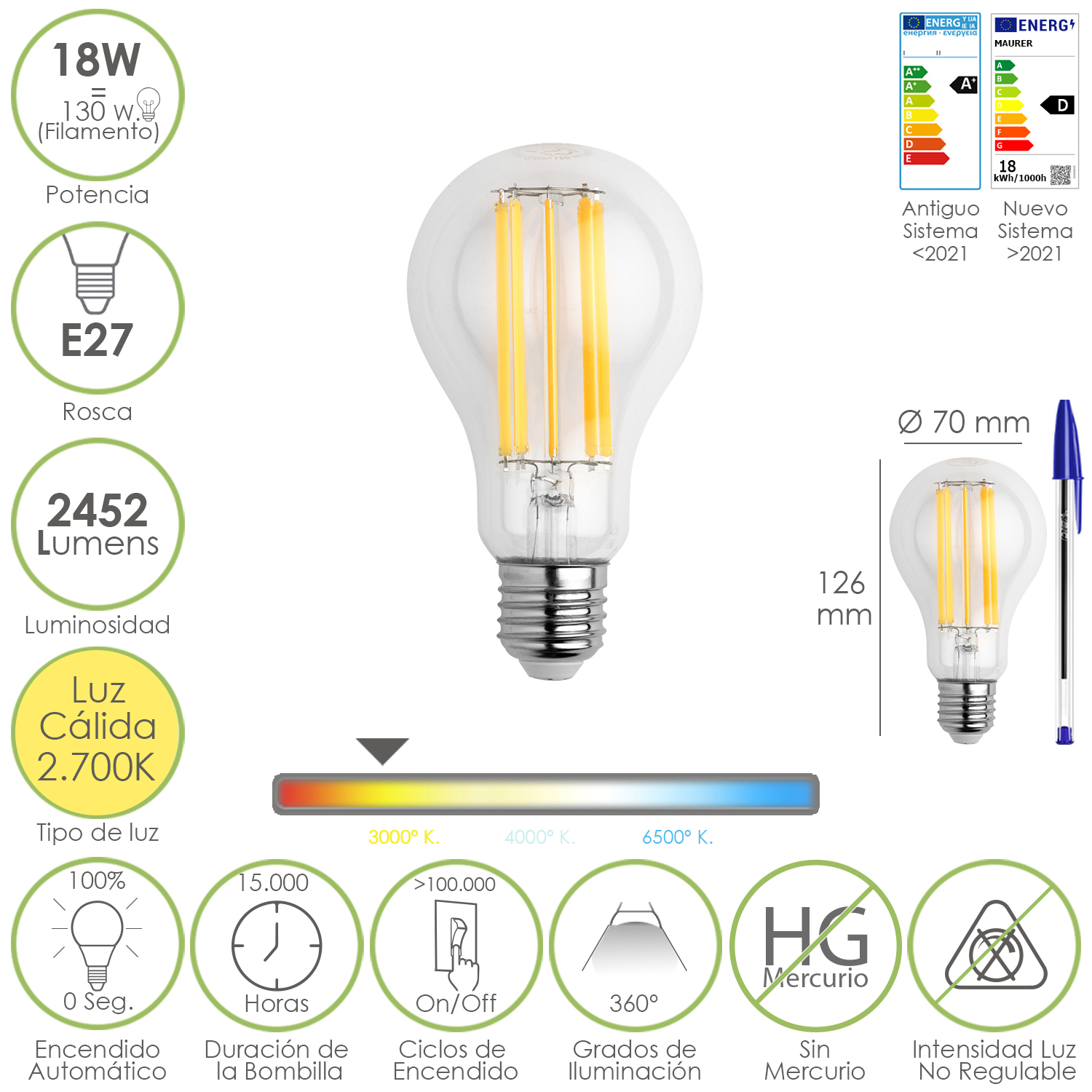 Bombilla Led Filamento Standar Rosca E27, 18 Watt, Equivale A 130 Watt, 2462 Lumenes, Luz Calida 2,700  K,