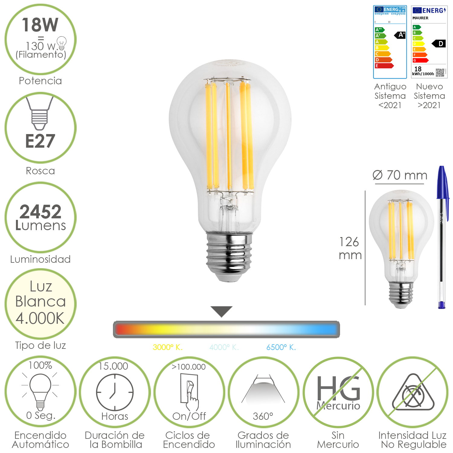 Bombilla Led Filamento Standar Rosca E27, 18 Watt, Equivale A 130 Watt, 2462 Lumenes, Luz Neutra 4000 K,
