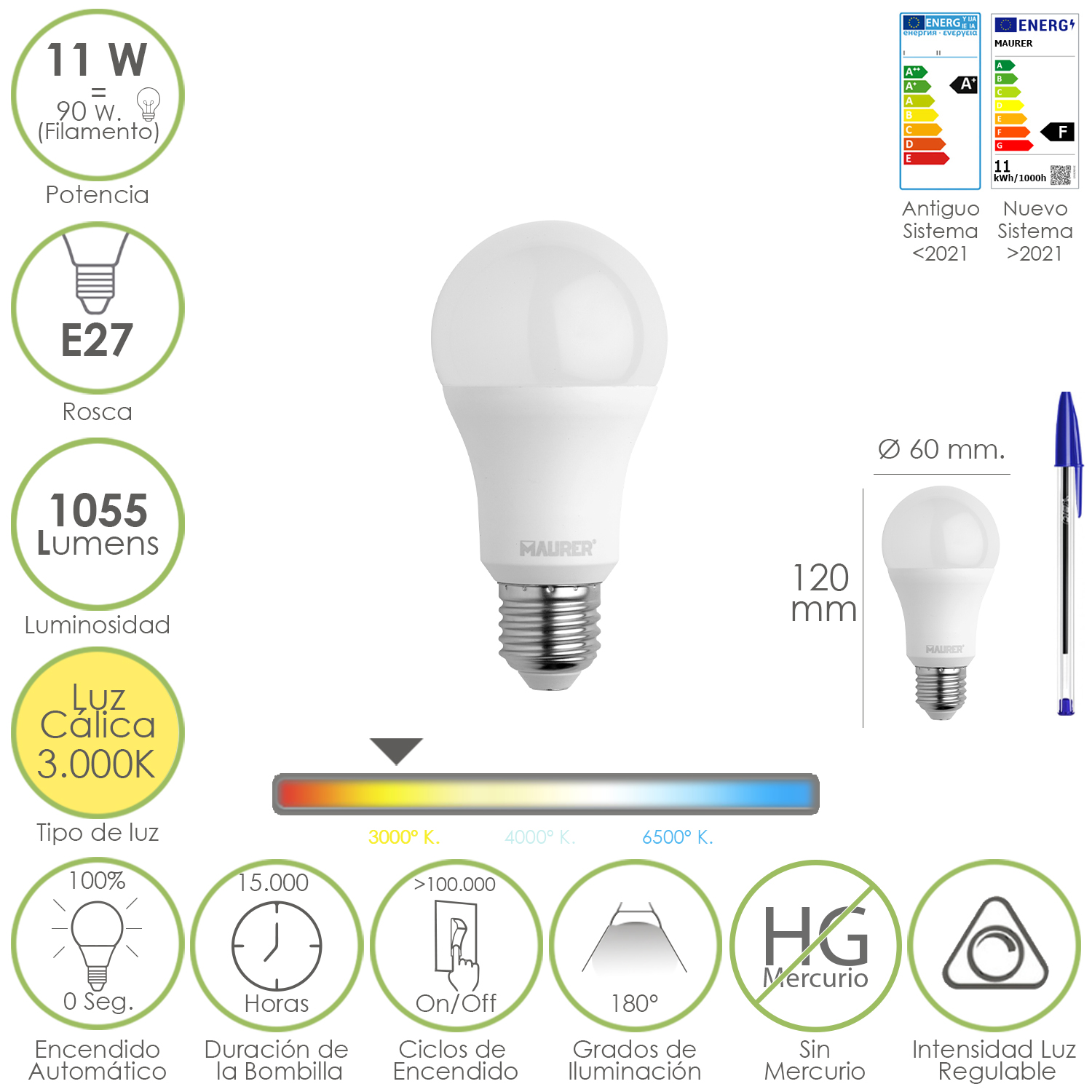 Bombilla Led Estandar Rosca E27, 11 Watt, Equivale A 90 Watt, 1055 Lumenes, Luz Calida (3000 K,) Dimerable