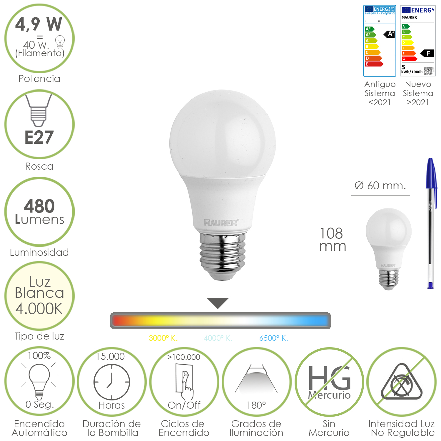 Bombilla Led Estandar Rosca E27, 4,9 Watt, Equivale A 40 Watt, 480 Lumenes, Luz Blanca (4000 K,)