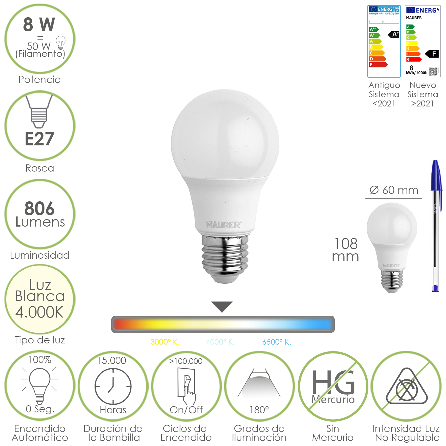 Bombilla Led Estandar Rosca E27, 8 Watt, Equivale A 65 Watt, 806 Lumenes, Luz Neutra (4000 K,)