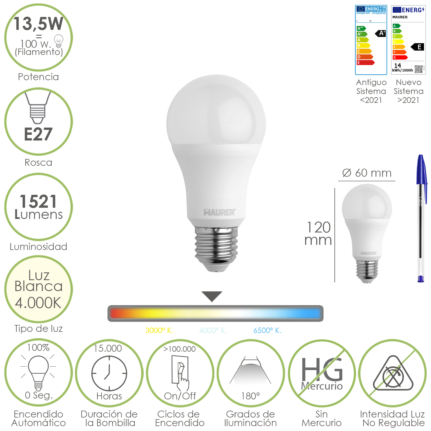 Bombilla Led Estandar Rosca E27, 13,5 Watt, Equivale A 100 Watt, 1521 Lumenes, Luz Neutra (4000 K,)