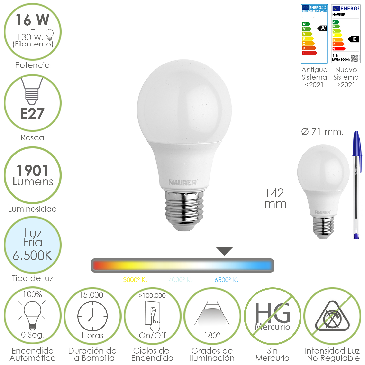 Bombilla Led Estandar Rosca E27, 16 Watt, Equivale A 130 Watt, 1901 Lumenes, Luz Fra 6500 K,)