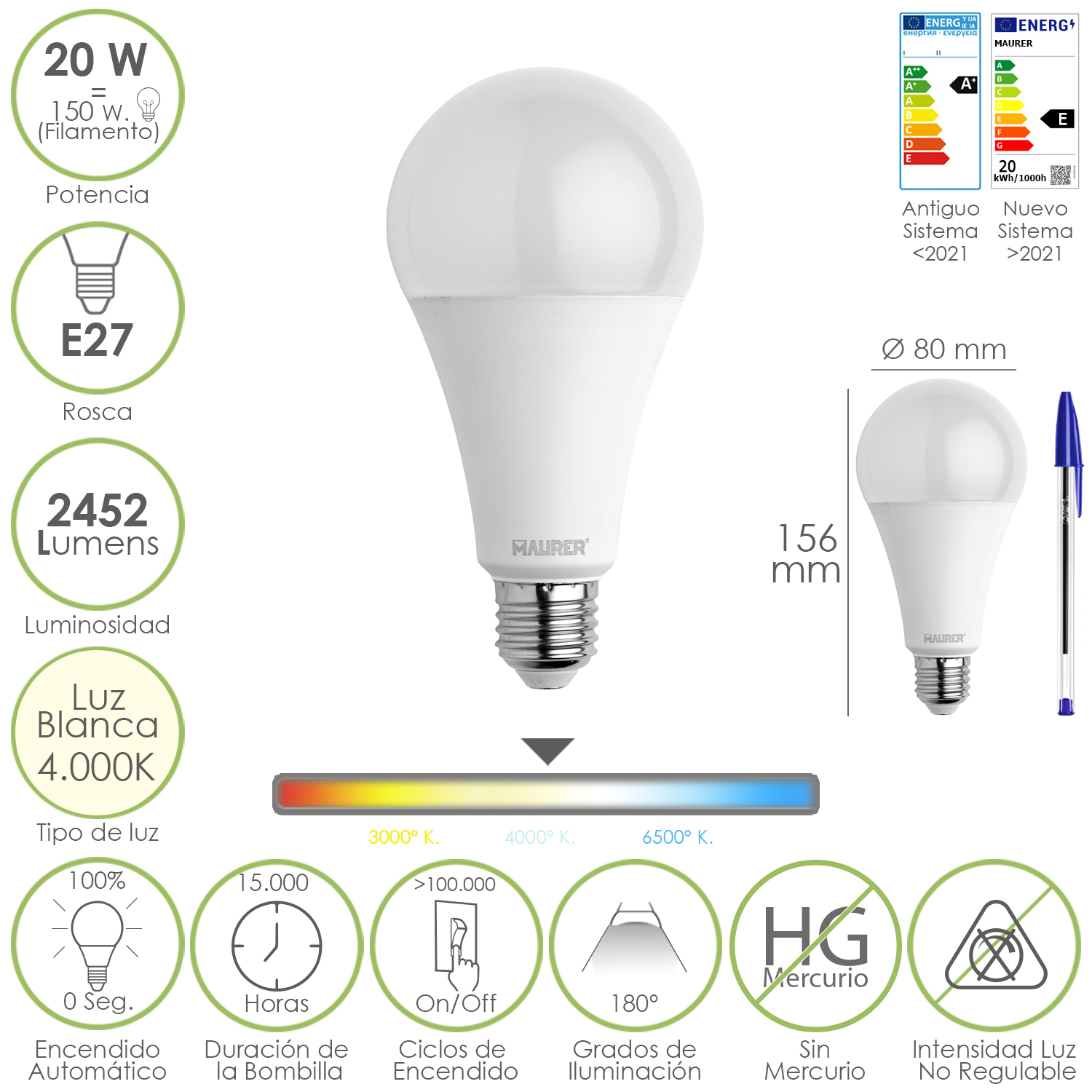 Bombilla Led Estandar Rosca E27, 20  Watt, Equivale A 150 Watt, 2452 Lumenes, Luz Neutra (4000 K,)