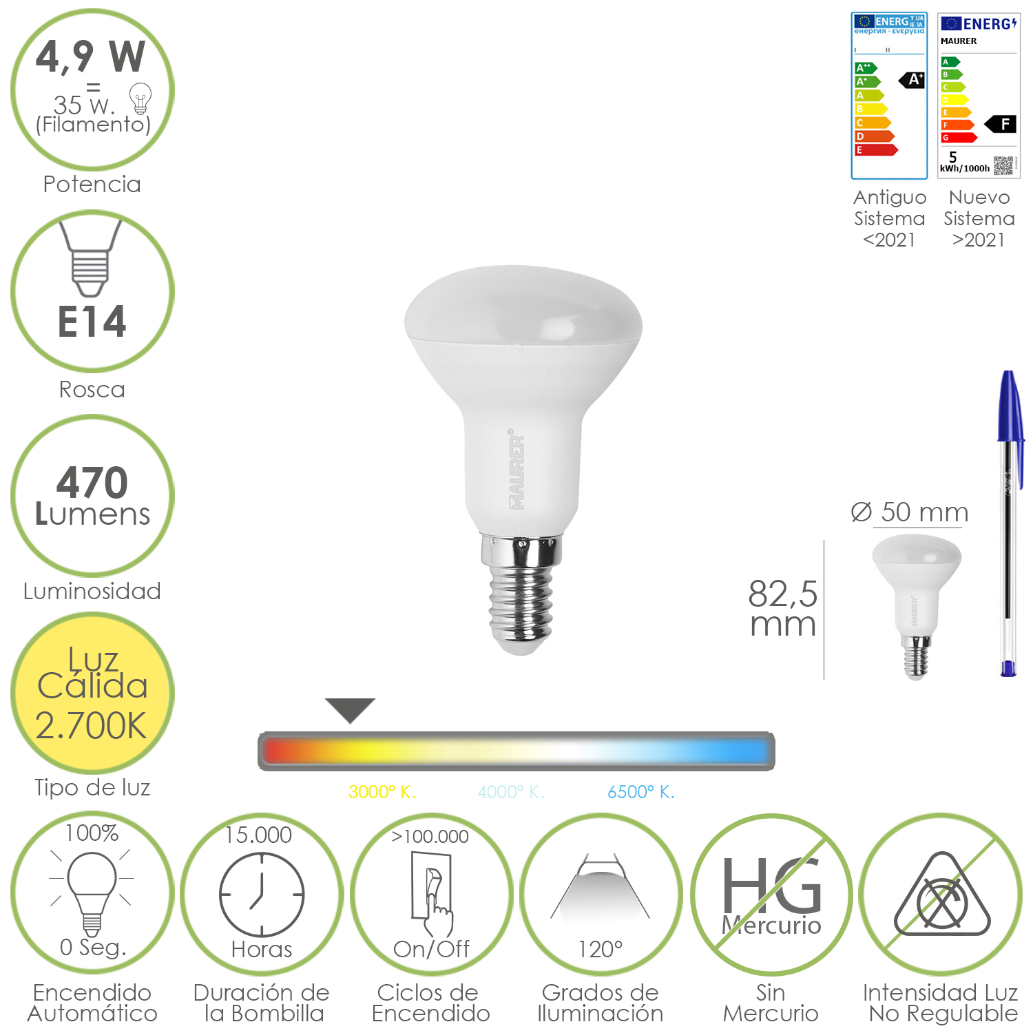 Bombilla Led Reflectante Rosca E14, 4,9 Watt, Equivale A 35 Watt, 470 Lumenes, Luz Clida (3000 K,)