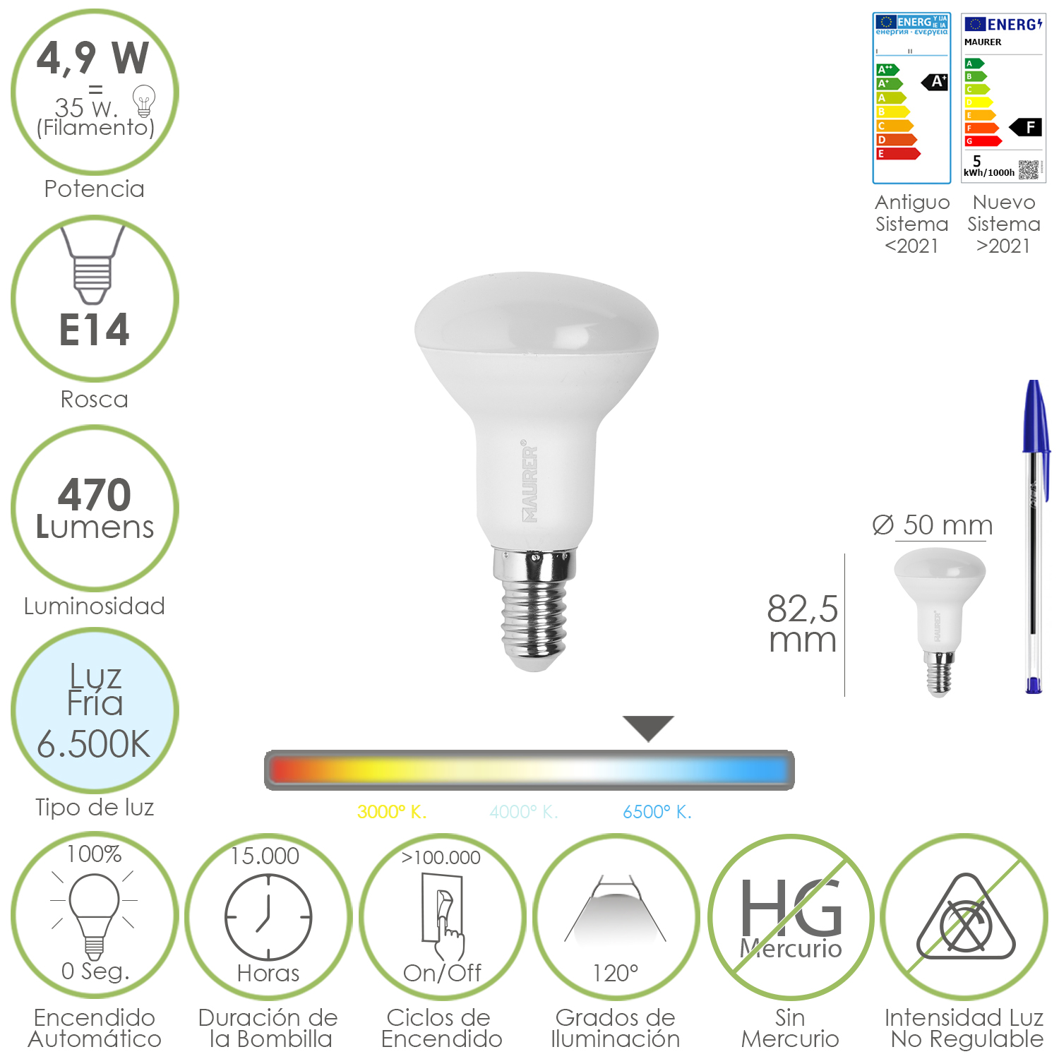 Bombilla Led Reflectante Rosca E14, 4,9 Watt, Equivale A 35 Watt, 470 Lumenes, Luz Fria (6500º K,)