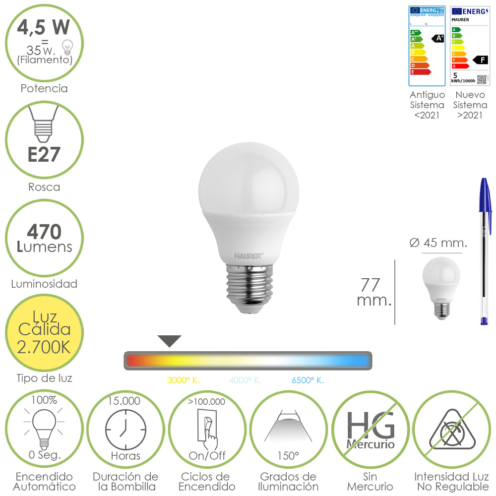 Bombilla Led Esferica Rosca E27 4,5 Watt, Equivale A 55 Watt, 470 Lumenes, Luz Clida (2700 K,)