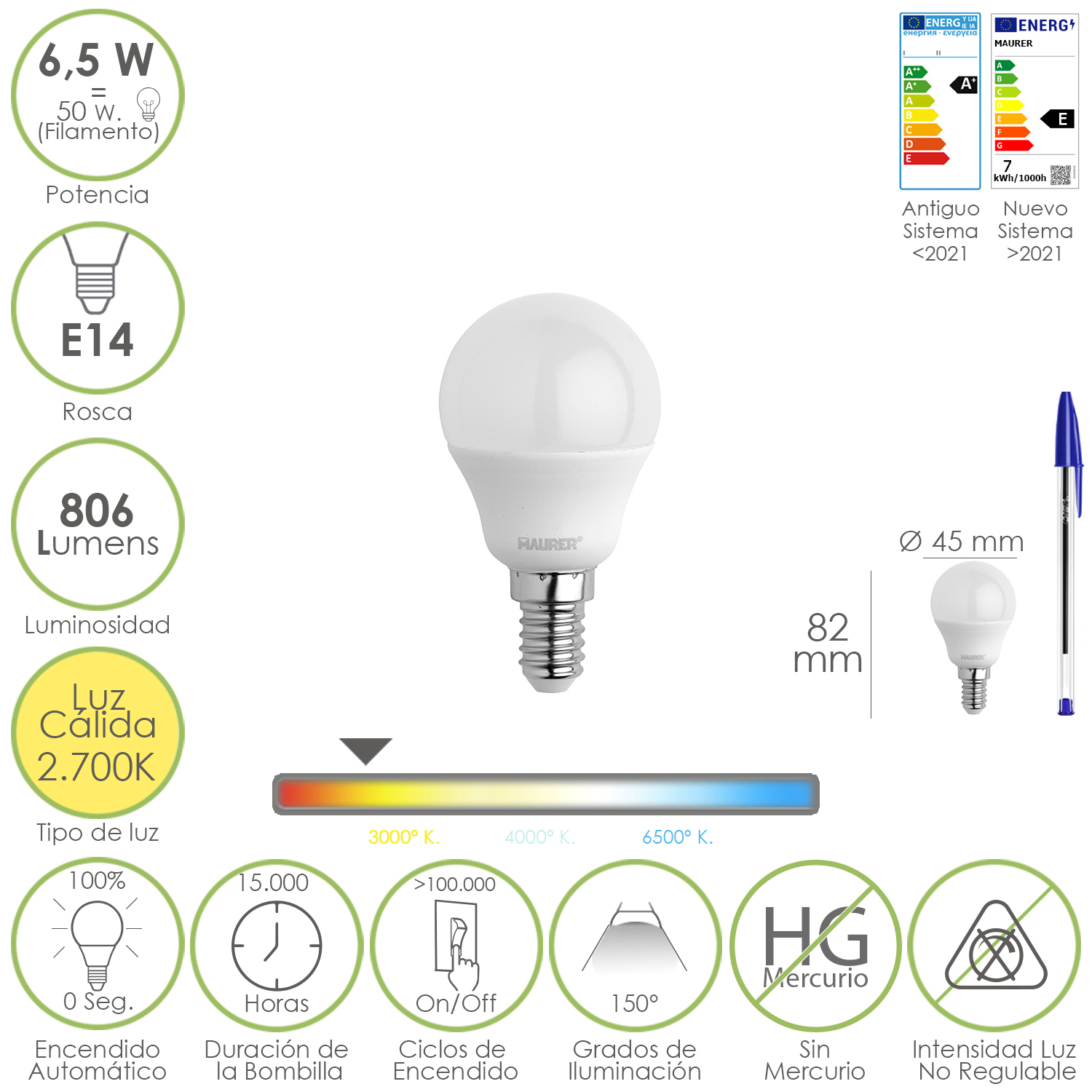 Bombilla Led Esfera Rosca E14, 6,5 Watt, Equivale A 50 Watt, 806 Lumenes, Luz Calida 2700 K,