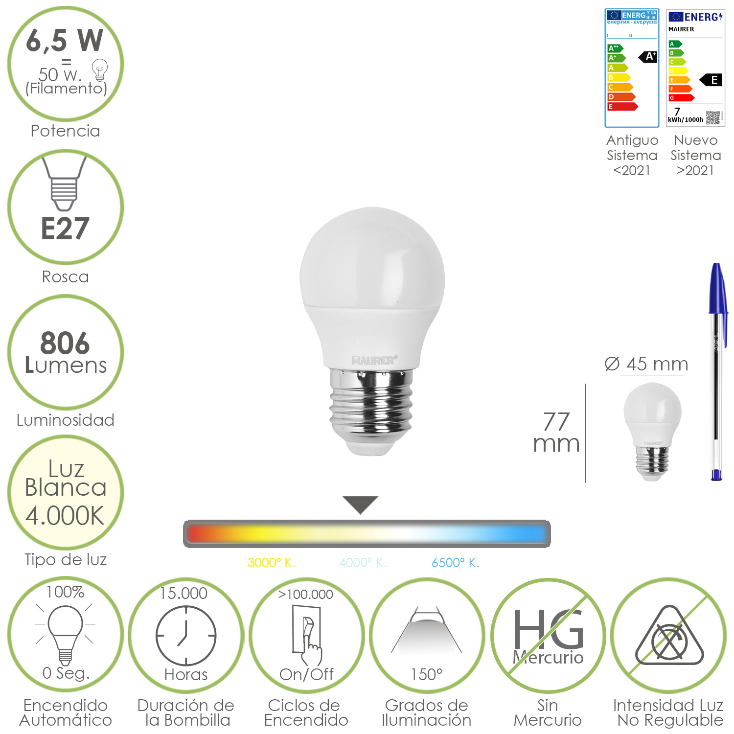 Bombilla Led Esfera Rosca E27, 6,5 Watt, Equivale A 50 Watt, 806 Lumenes, Luz Neutra 4000 K,