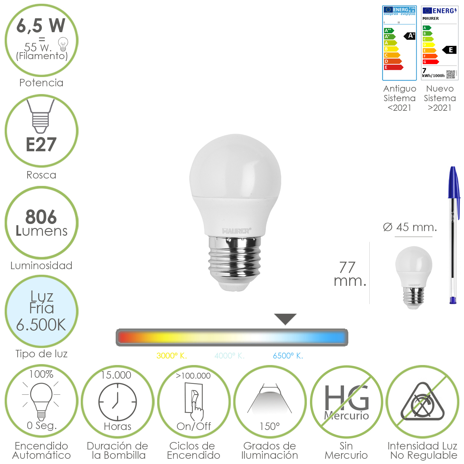 Bombilla Led Esfera Rosca E27, 6,5 Watt, Equivale A 55 Watt, 806 Lumenes, Luz Fra 6500 K,