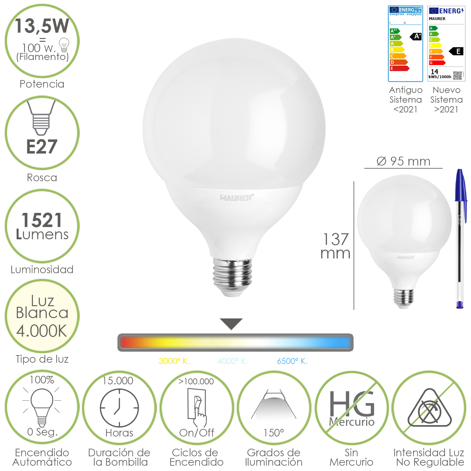 Bombilla Led Esfera Globo E27, 13,5 Watt, Equivale A 100 Watt, 1521 Lumenes, Luz Neutra 4000 K,