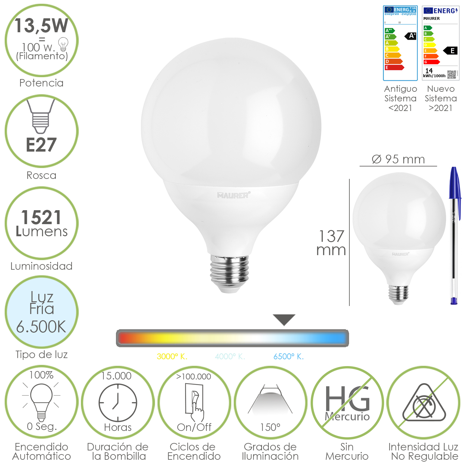 Bombilla Led Esfera Globo E27, 13,5 Watt, Equivale A 100 Watt, 1521 Lumenes, Luz Fria 6500 K,