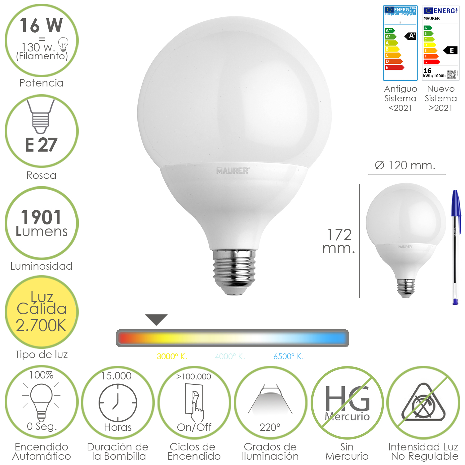 Bombilla Led Globo Rosca E27, 16 Watt, Equivale A 130 Watt, 1901 Lumenes, Luz Clida (2700 K,)