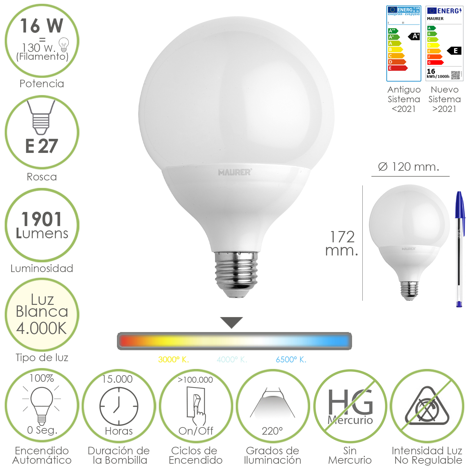 Bombilla Led Globo Rosca E27, 16 Watt, Equivale A 130 Watt, 1901 Lumenes, Luz Blanca (4000 K,)