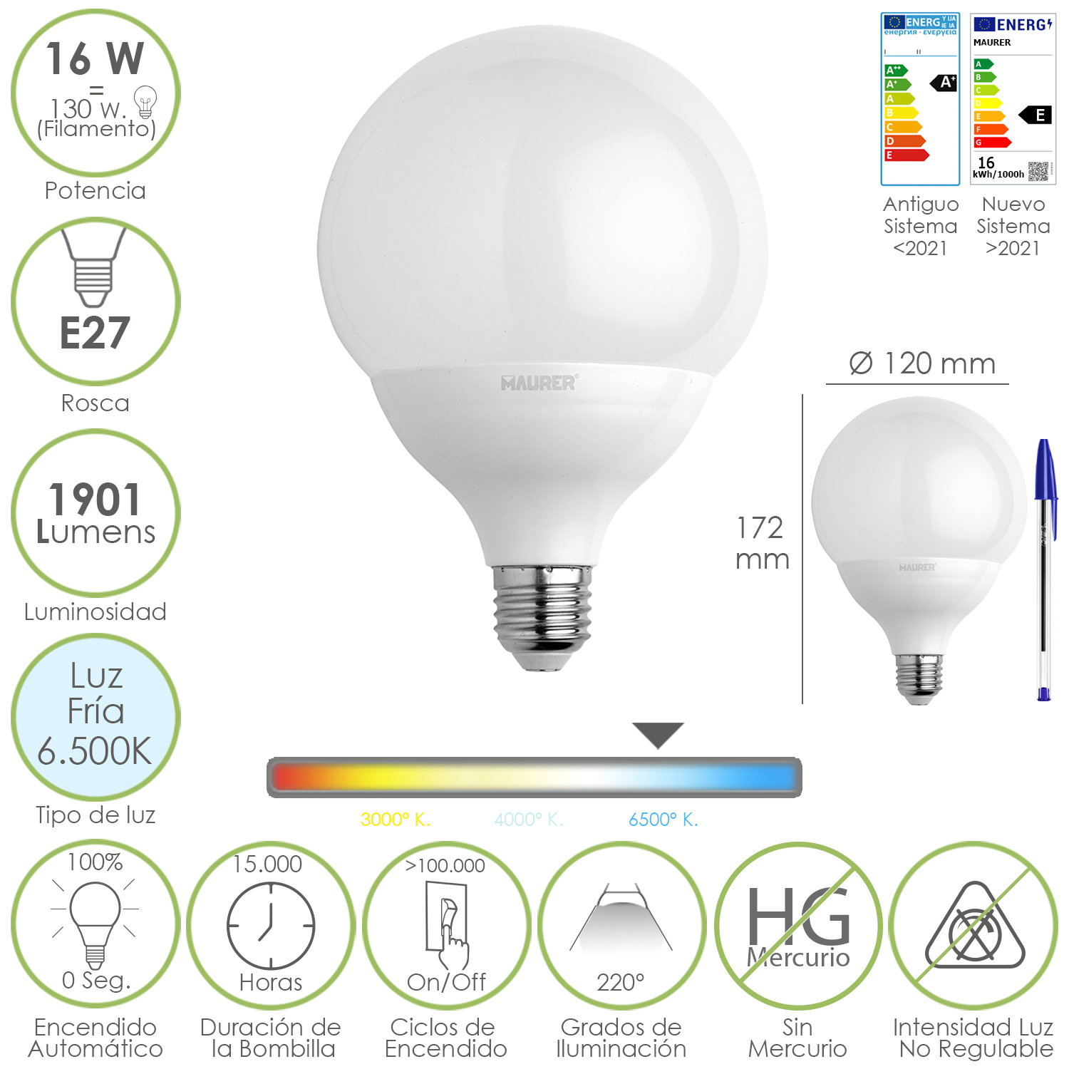 Bombilla Led Globo Rosca E27, 16 Watt, Equivale A 130 Watt, 1901 Lumenes, Luz Fria 6500 K,