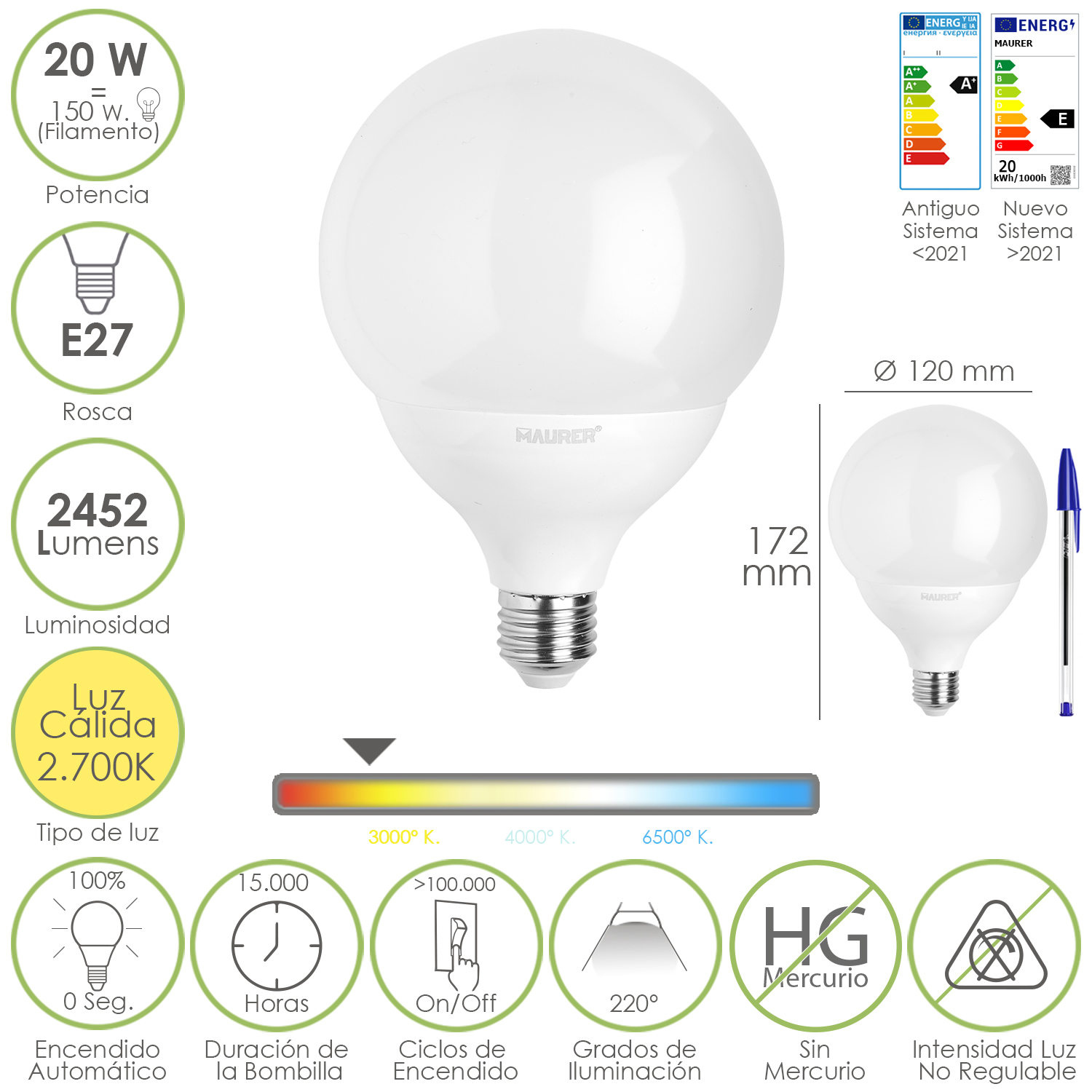 Bombilla Led Globo E27, 20 Watt, Equivale A 150 Watt, 2452 Lumenes, Luz Calida 2700 K,