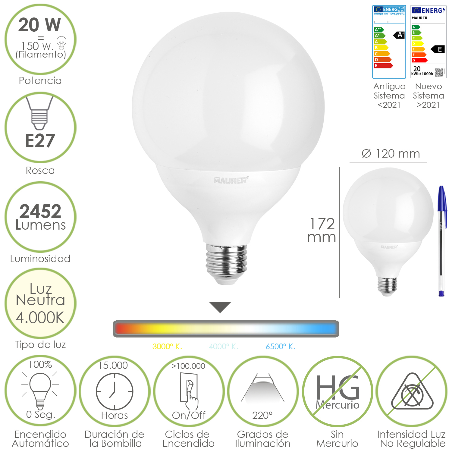 Bombilla Led Globo E27, 20 Watt, Equivale A 150 Watt, 2452 Lumenes, Luz Neutra 4000 K,