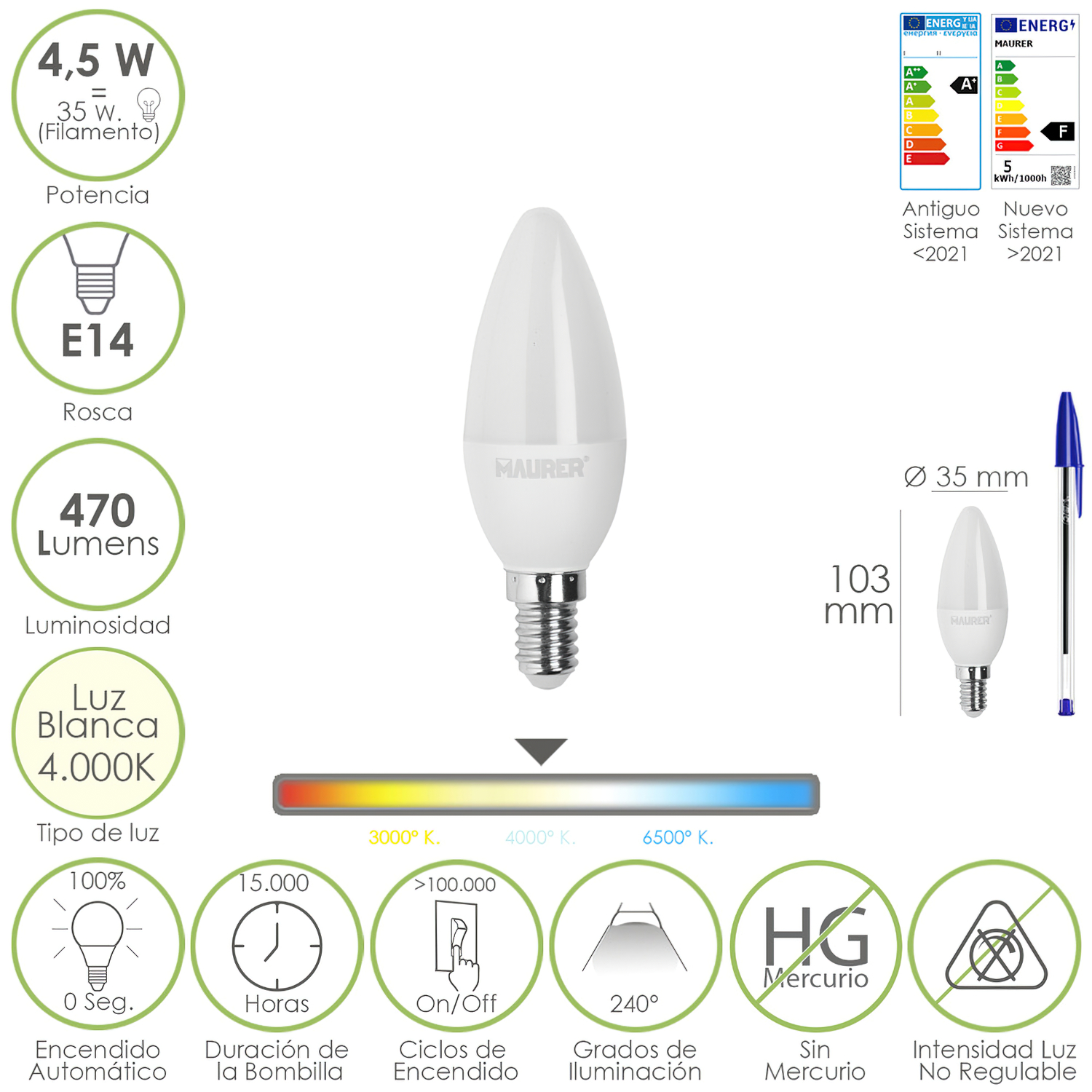 Bombilla Led Vela Rosca E14, 4,5 Watt, Equivale A 35 Watt, 470 Lumenes, Luz Neutra (4000 K,)