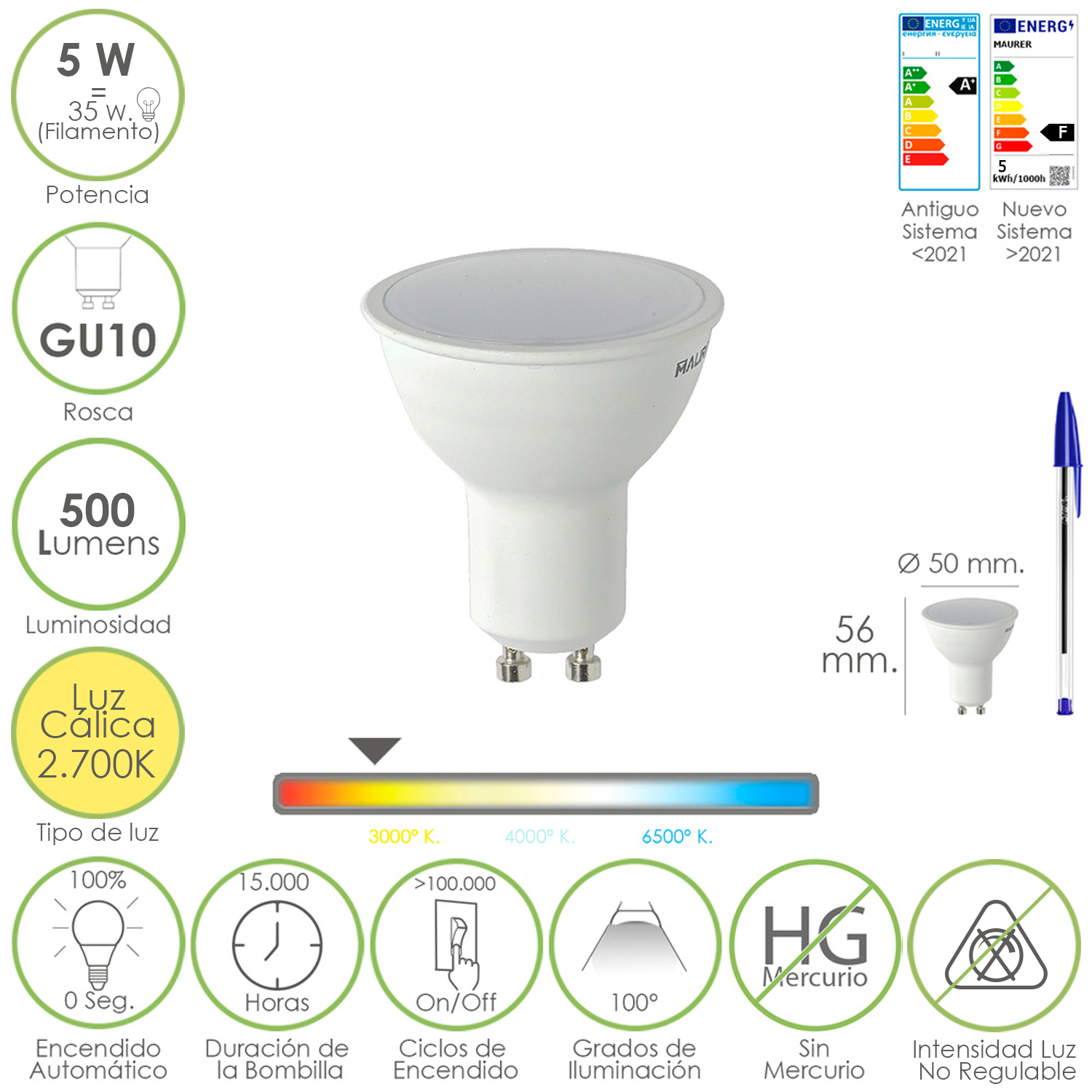 Bombilla Led Dicroica Rosca GU10, 5 Watt, Equivale A 30 Watt, 500 Lumenes, Luz Clida (2700 K)