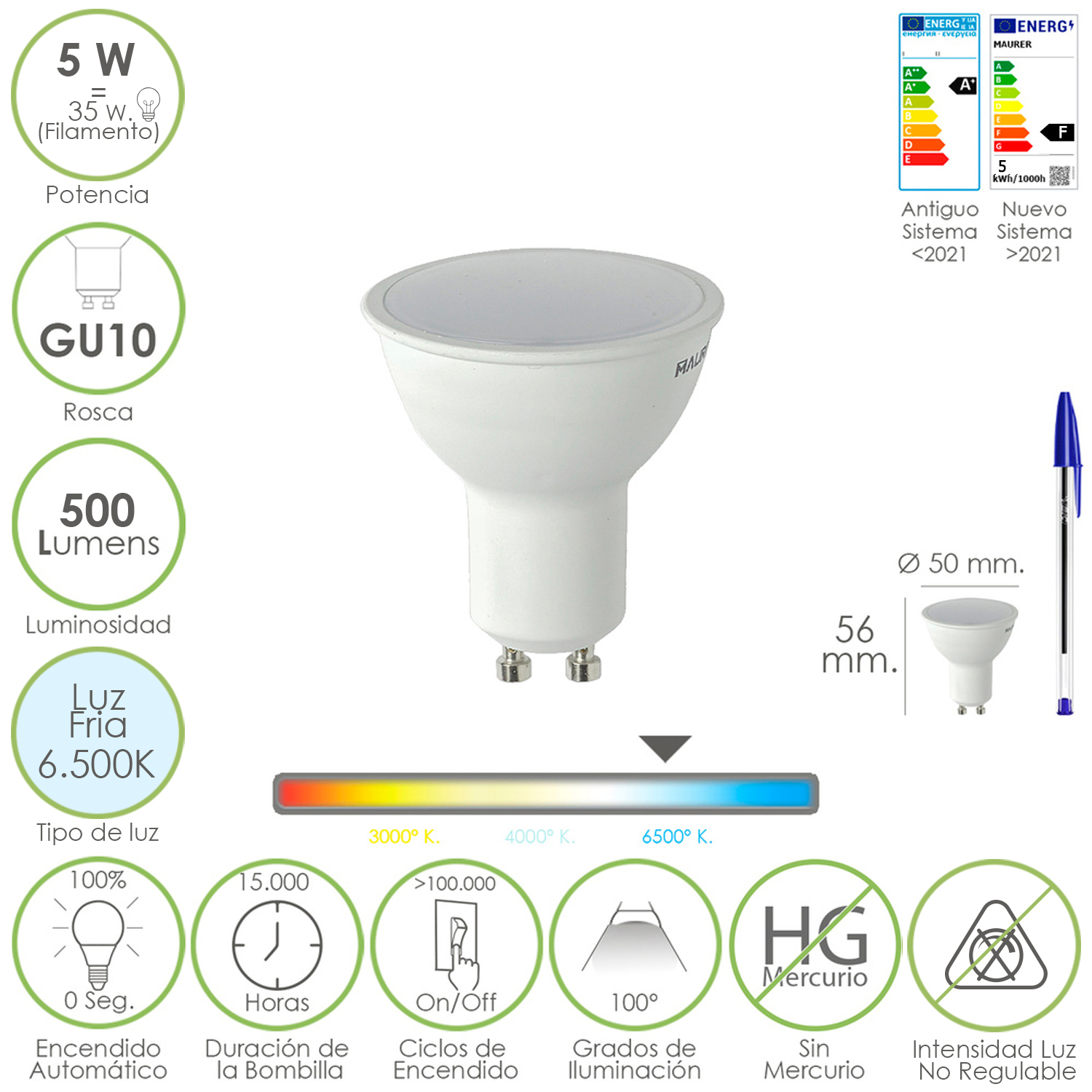 Bombilla Led Dicroica Rosca GU10, 5 Watt, Equivale A 30 Watt, 500 Lumenes, Luz Fria (6500 K,)