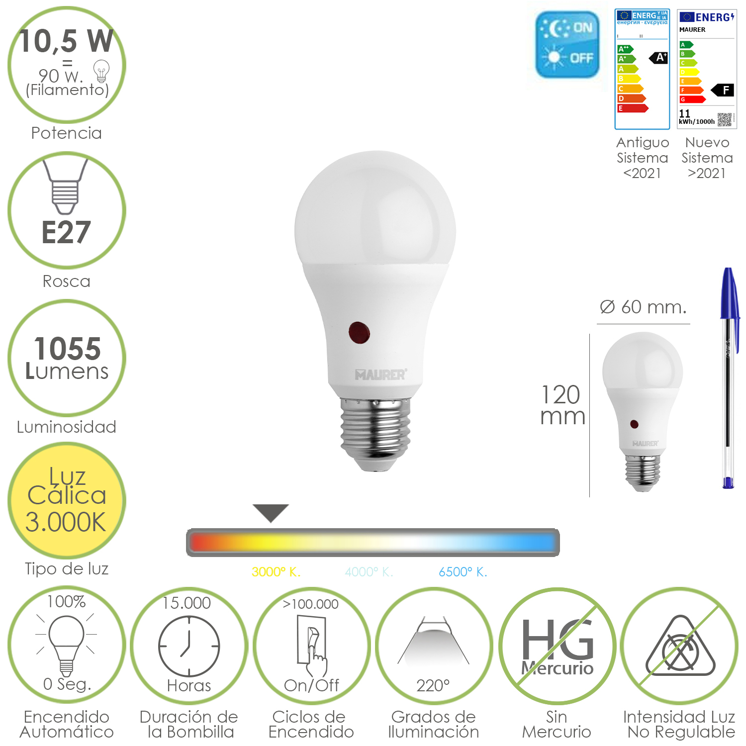 Bombilla Led Esfera Con Sensor Crepuscular, Rosca E27, 10,5 Watt, Equivale A 90 Watt, 1055 Lumenes, Luz Calida 3000 K,