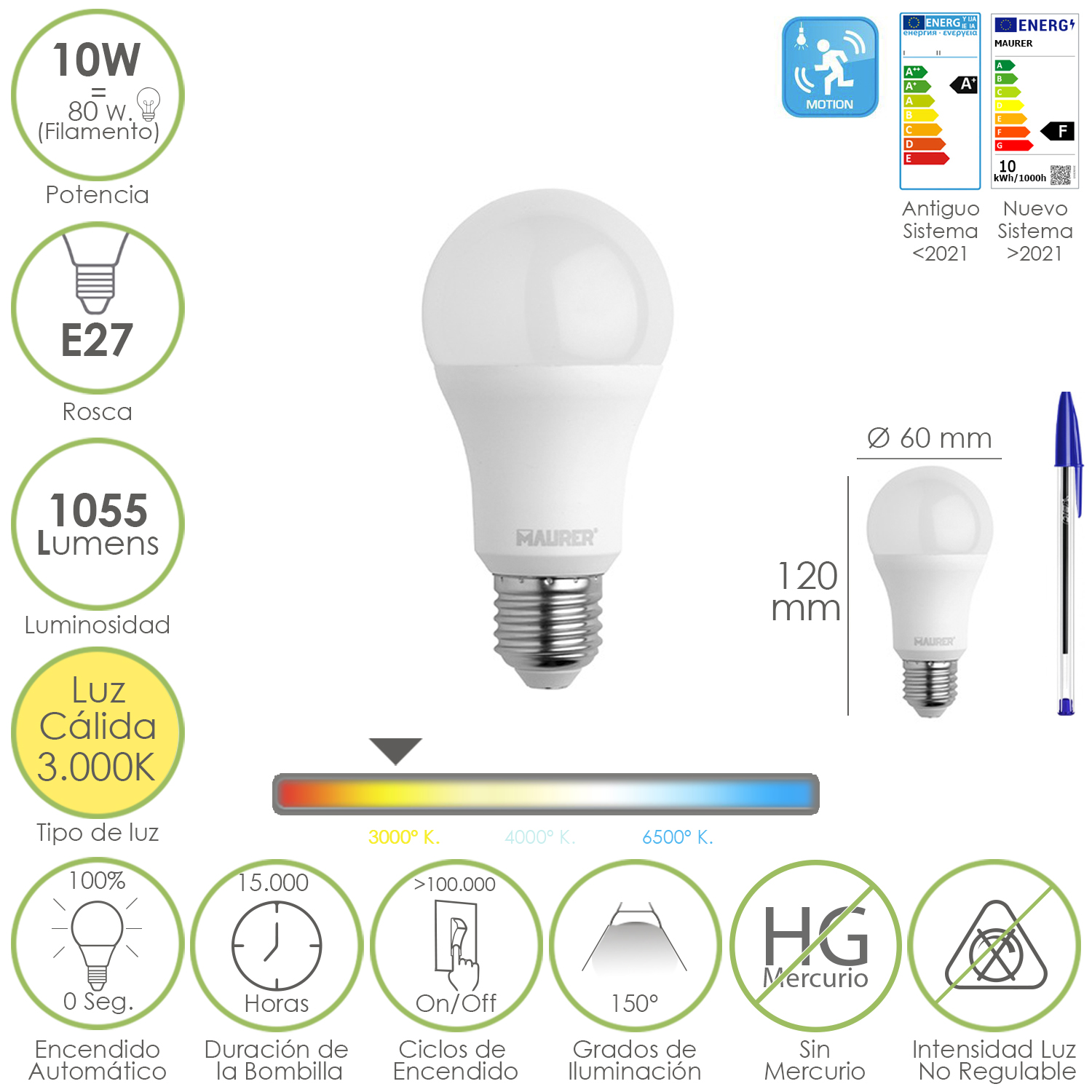 Bombilla Led Esfera Con Sensor Movimiento Rosca E27, 10 Watt, Equivale A 80 Watt, 1055 Lumenes, Luz Calida 3000 K,
