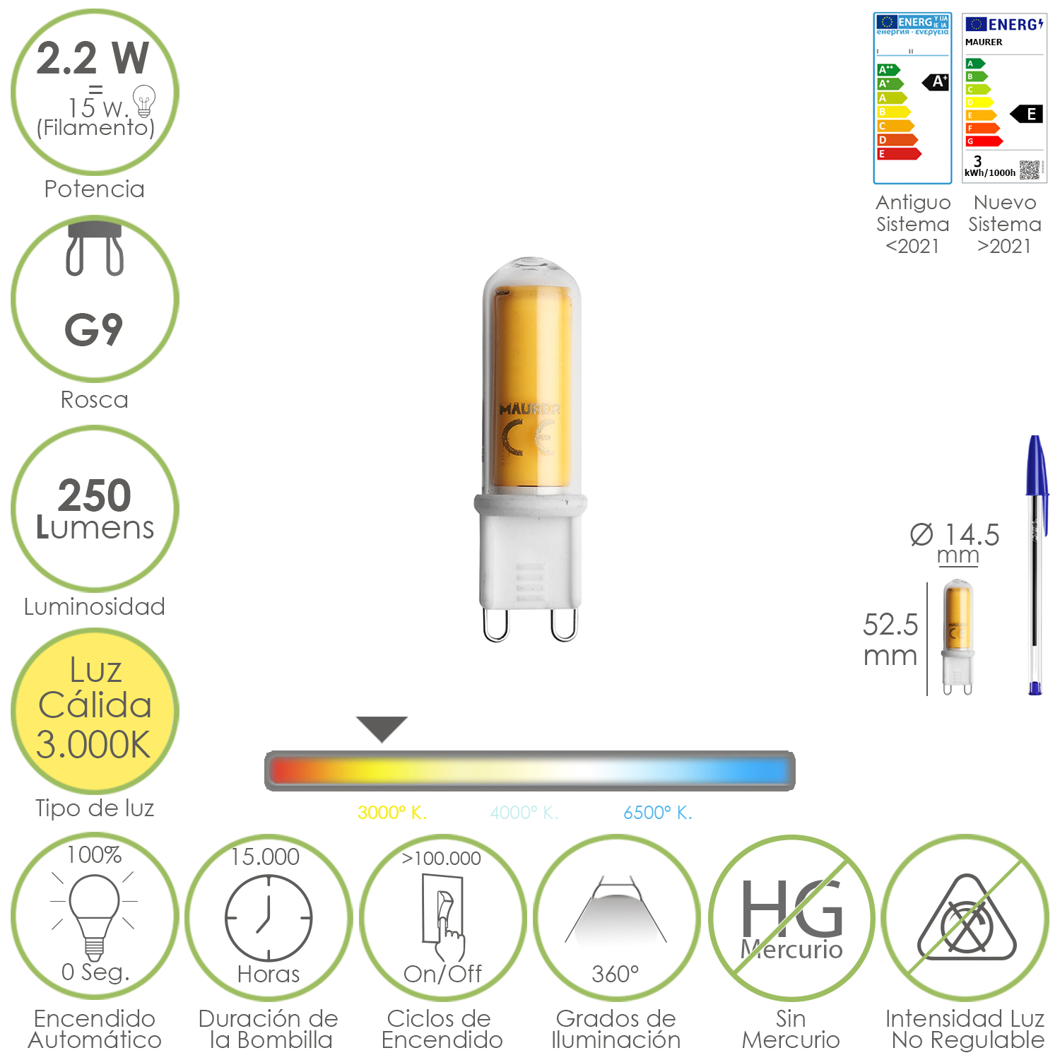 Bombilla Led Rosca G9, 2,2 Watt, Equivale A 15 Watt, 250 Lumenes, Luz Calida (3000 K,)