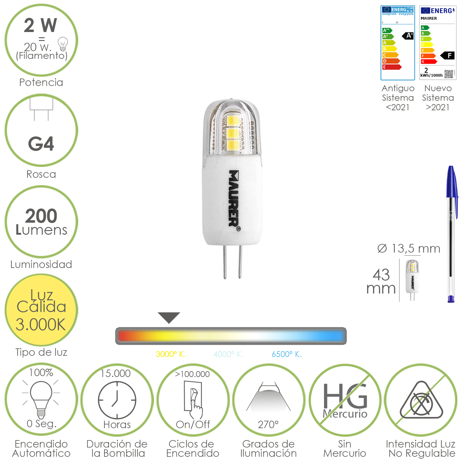 Bombilla Led Dicroica Rosca G4, 2 Watt, Equivale A 20 Watt, 200 Lumenes, Luz Calida (3000 K,)