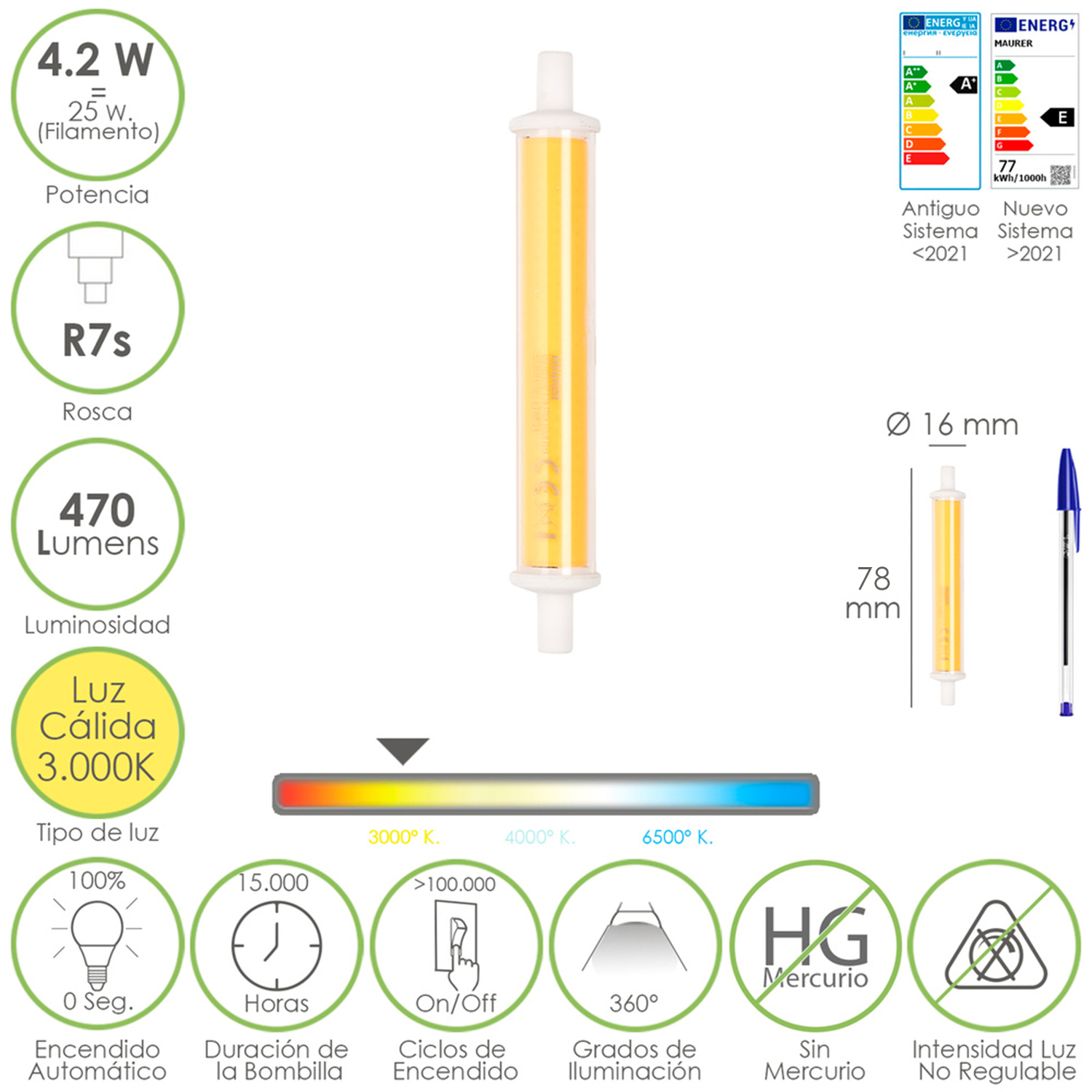 Bombilla Led Rosca R7s 4,2 Watt, Equivale A 25 Watt, 470 Lumenes, Luz Calida (3000 K,)