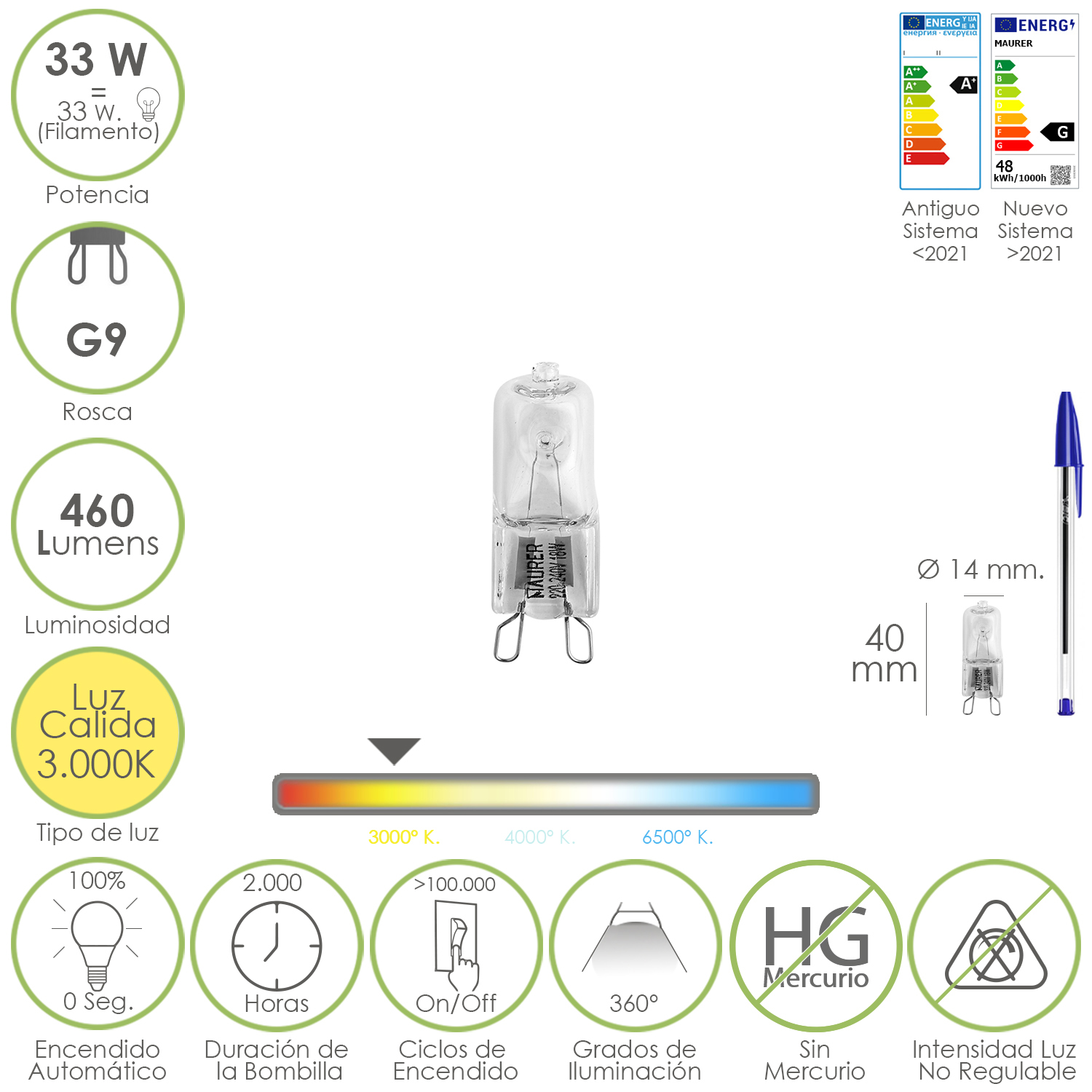 Bombilla Halogena G-9 33 W, 460 lumenes, Luz clida (3,000K)