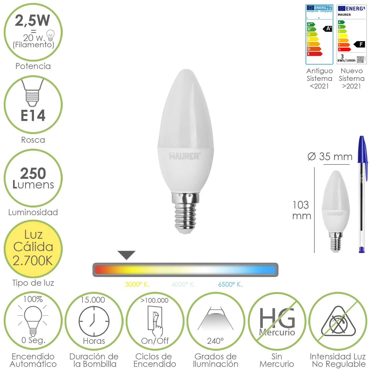 Bombilla Led Vela E14, 2,5 Watt, Equivale A 20 Watt, 250 Lumenes, Luz Calida 2700 K,