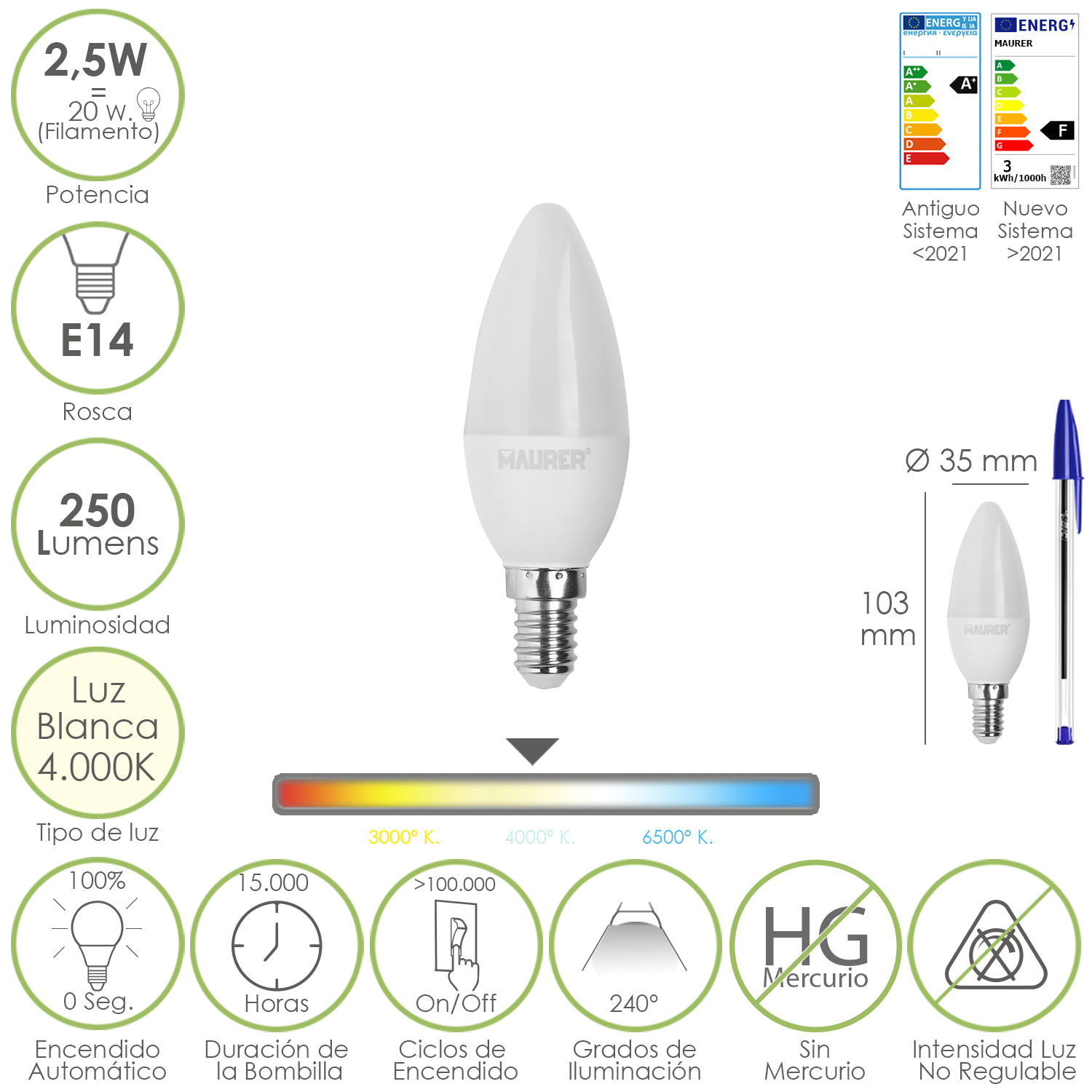 Bombilla Led Vela E14, 2,5 Watt, Equivale A 20 Watt, 250 Lumenes, Luz Neutra 4,000 K,
