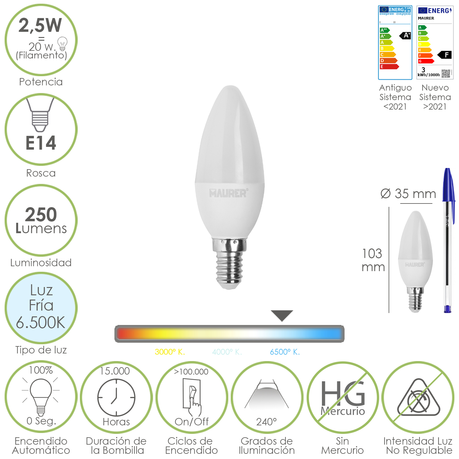 Bombilla Led Vela E14, 2,5 Watt, Equivale A 20 Watt, 250 Lumenes, Luz Fria 6500 K,